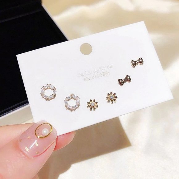 [3 Pairs] 925 Sterling Silver Diamond Earrings A - Picture 5 of 8